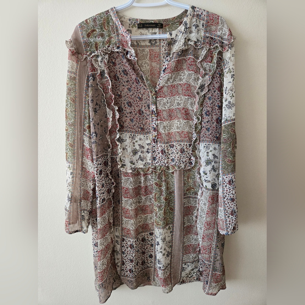 Zara XL Green, Blue And Red Patchwork Tunic Style Blouse With Gold Cube Buttons